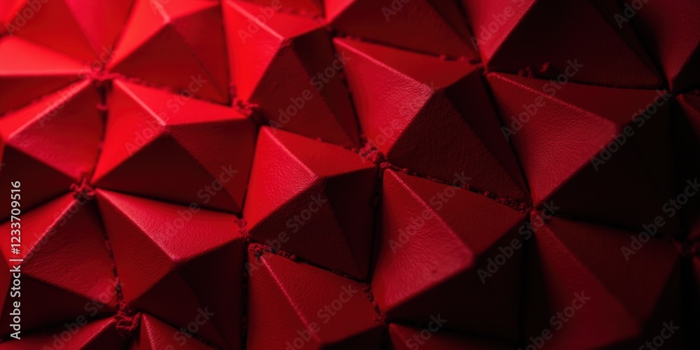 Fototapeta premium Intimate view of crimson leather, featuring intricate triangular patterns in rich hues. Diagonal arrangement highlights texture, creating depth from largest to smallest triangles