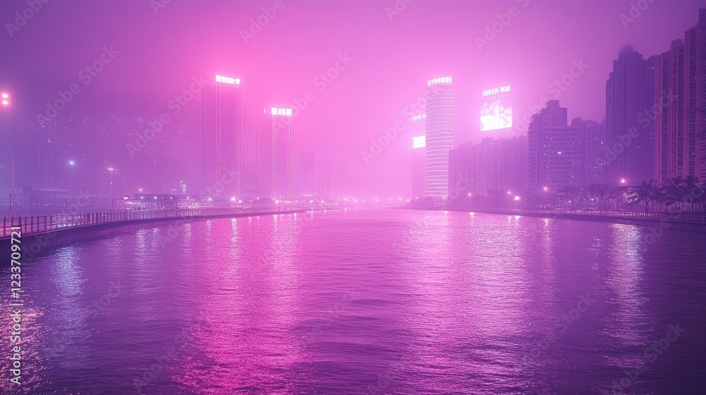 Fototapeta premium Pink Cityscape at Night: Serene Reflections on the Water