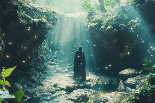 A majestic forest protector stepping out from a hidden stone cave, with soft, otherworldly light illuminating the scene, as enchanted creatures and swirling magical energies flow around  photo