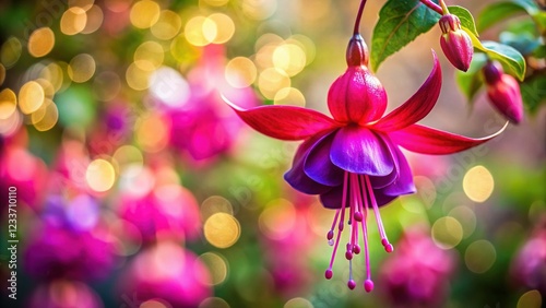 Stunning Flor Fucsia Blossom Displaying Vibrant Hue Against Blurry Background photo