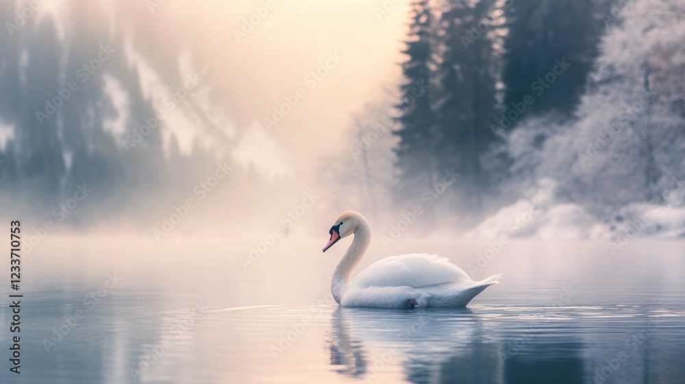 Fototapeta premium Swan in lake with snow covered forest in winter.
