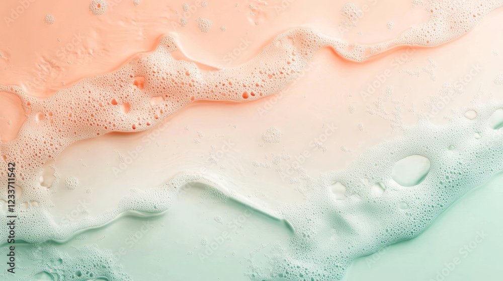 Obraz premium Close up abstract photo of creamy foam on a pastel green and orange background. The white bubbles are a perfect abstract shape and pattern, and the colors give a soft and gentle feel. 