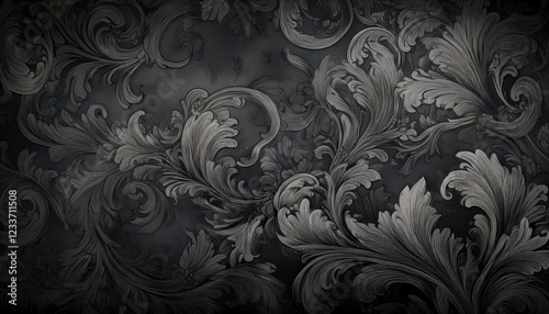 Moody Vintage Gothic Artwork showcasing a Darkened Baroque Pattern with Rococo Elements, Set in a Mysterious and Elegant Atmosphere Perfect for Dark Romance or Victorian Themed Designs. photo