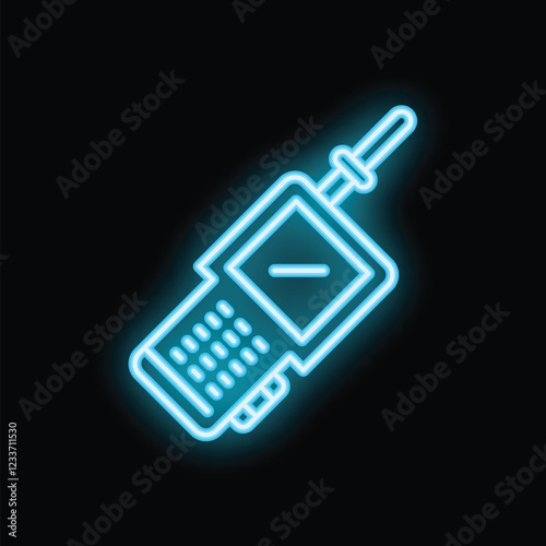 Blue neon icon of a walkie talkie glowing on a black background