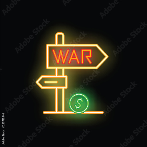 Neon sign depicting the word war on a directional sign pointing to a dollar sign