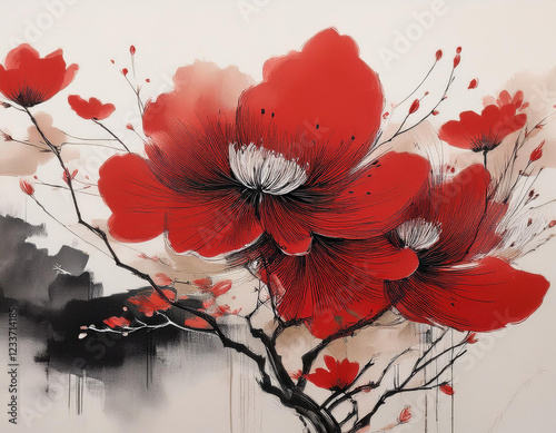 Red and black ink flower painting  photo