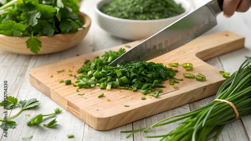 Chopping Fresh Herbs Parsley Chives Culinary Knife Wooden Cutting Board