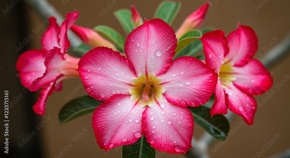 A vibrant pink and white Desert Rose (Adenium obesum) in full bloom, adorned with fresh water droplets, set against lush green leaves and a softly blurred background. A vibrant pink and white Desert Rose (Adenium obesum) in full bloom, adorned with fresh water droplets, set against lush green leaves and a softly blurred background.
