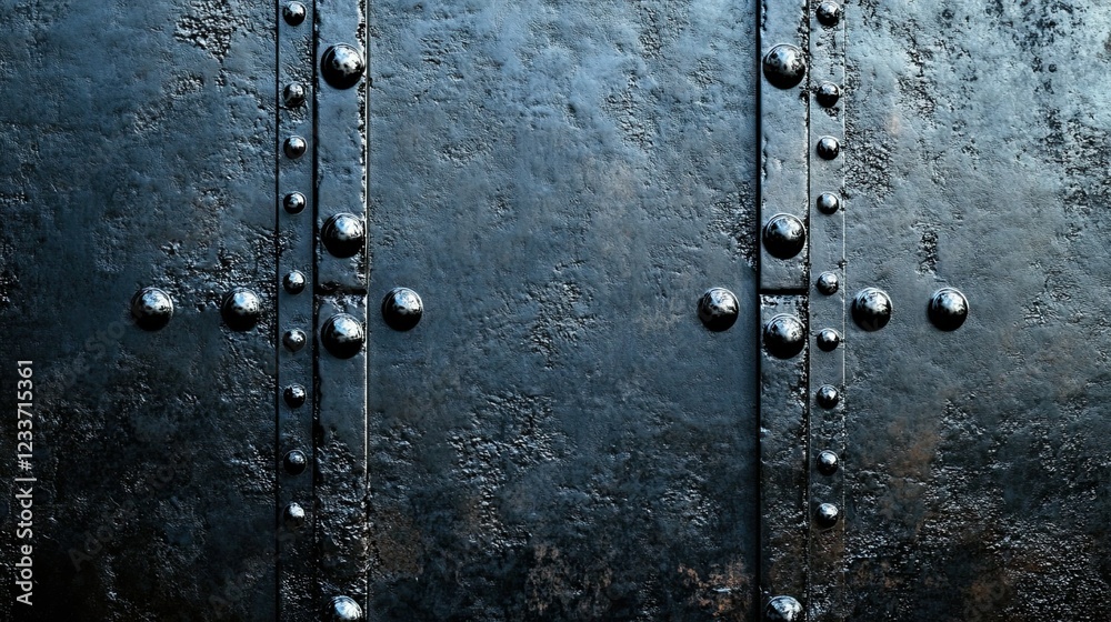 A weathered metal surface with rivets and textures, forming an industrial background A weathered metal surface with rivets and textures, forming an industrial background