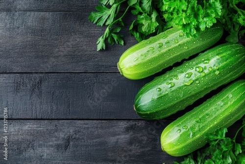 Fresh zucchini, parsley, dark wood, food photography, recipe photo