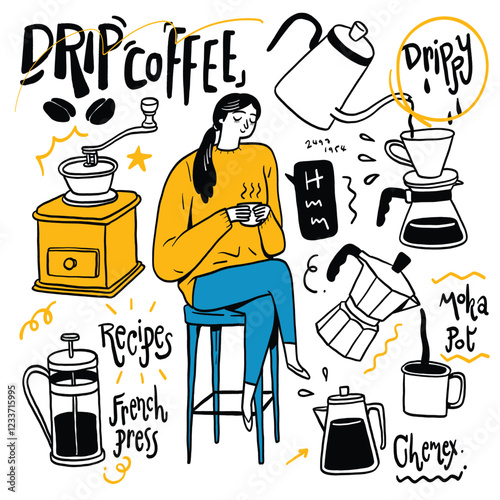 Hand drawing icon elements, coffee shop equipment, coffee machine