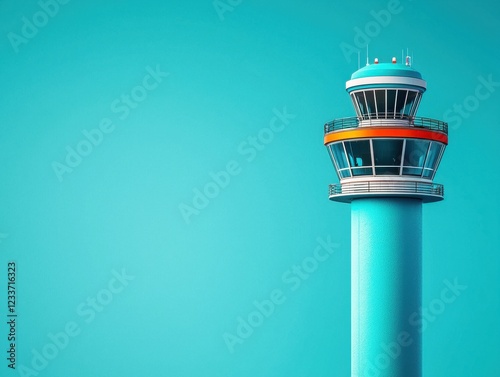 A modern air traffic control tower against a turquoise sky.