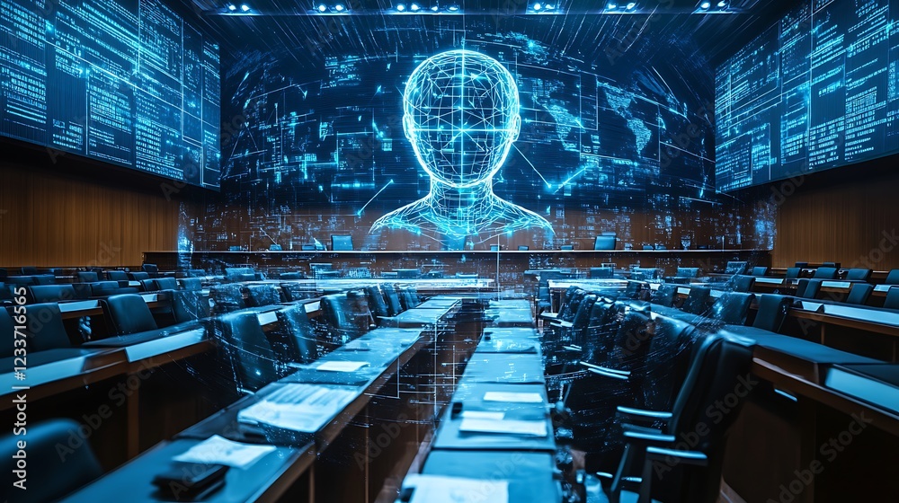 Obraz premium A Futuristic Courtroom Where an AI Judge Analyzes Evidence and Delivers Unbiased Rulings in a High-Tech Legal System