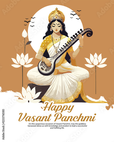 Happy Vasant Panchami with goddess Saraswati social media post template banner