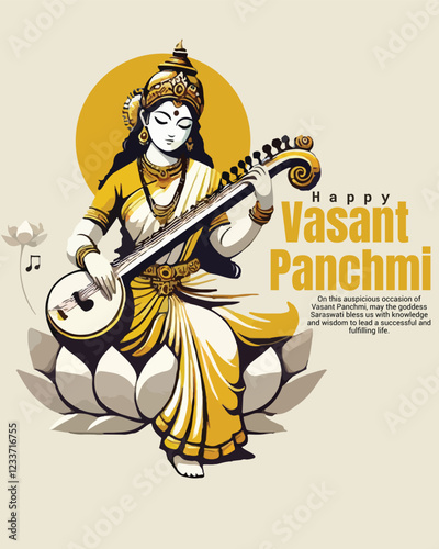 Happy Vasant Panchami with goddess Saraswati social media post template banner