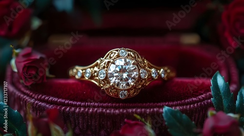 Elegant Diamond Engagement Ring in Velvet Box with Roses Celebrating Love and Commitment photo