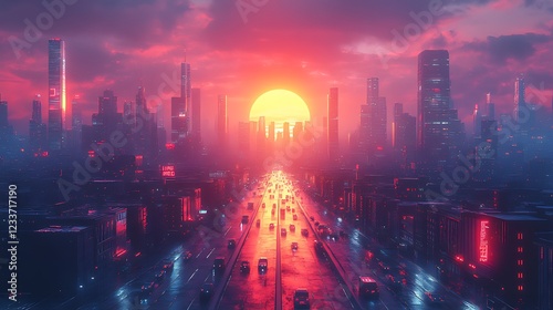Sunset Highway, Futuristic Cityscape, Neon Glow, Traffic