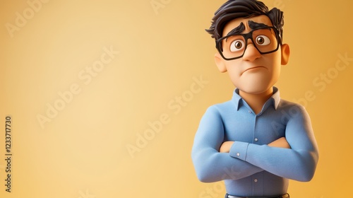 A 3D style illustration of a sad, stressed, and upset young adult business man with brown hair wearing a blue shirt.