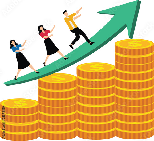 Grow your business sales or profits, investment earnings, gains, wealth hand income increases, businessmen run on the arrow of growth on the pile of gold