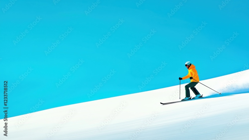 A skier glides gracefully down a snowy slope under a bright sky.