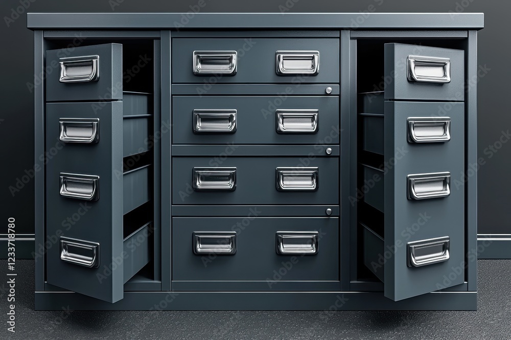A grey storage cabinet with multiple drawers, designed for organization. A grey storage cabinet with multiple drawers, designed for organization.