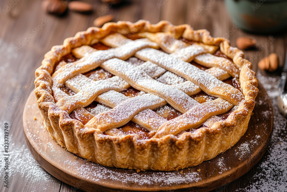 Classic lattice crust pie dusted with powdered sugar on a wooden board Classic lattice crust pie dusted with powdered sugar on a wooden board