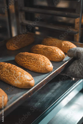 baking fresh sourdough breads taking them out of oven with super crip texture close up 