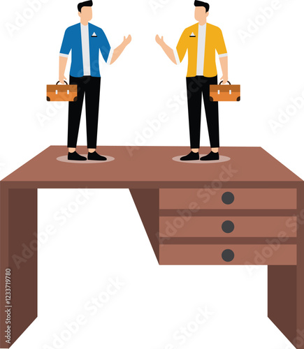 Two businessmen at a desk blaming and abusing each other, arguing, blaming, shifting blame or complaining about others