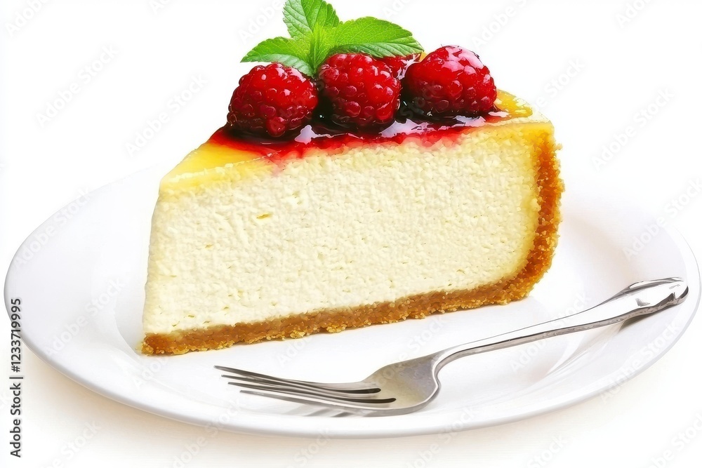 Creamy cheesecake slice topped with fresh raspberries and mint leaves on a white plate with fork Creamy cheesecake slice topped with fresh raspberries and mint leaves on a white plate with fork