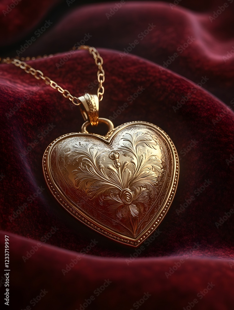 Exquisite Handcrafted Heart Shaped Gold Necklace Pendant with Intricate Floral Engraved Design and Ruby Inlay
