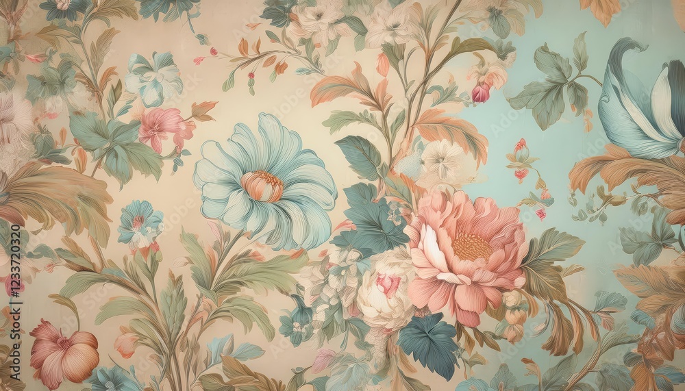 custom made wallpaper toronto digitalCharming Vintage Shabby Chic Wallpaper featuring Pastel Floral Vignette in a Victorious Mood, Perfect for Digital Art, Home Decor, or Design Inspiration.
