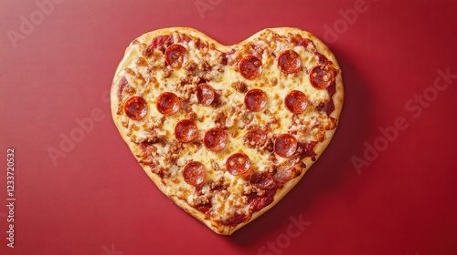 overhead view of indulgent heart-shaped pizza for valentine's celebration