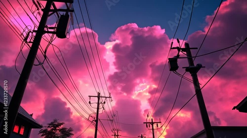 Vibrant sunset sky with colorful clouds and power lines in urban area at twilight