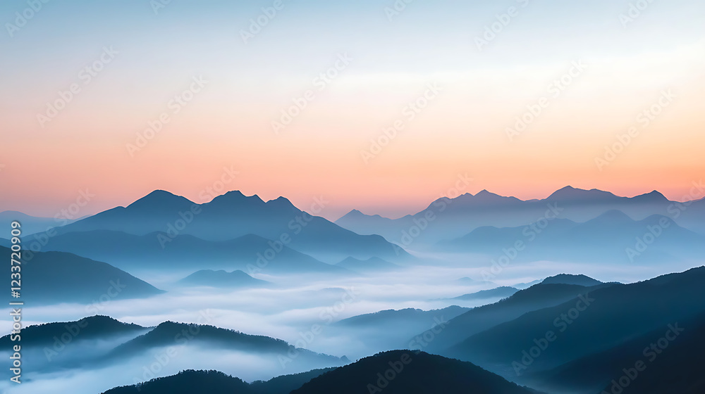 Obraz premium Foggy mountain range at dawn, mist covering the valleys, soft pastel colors in the sky