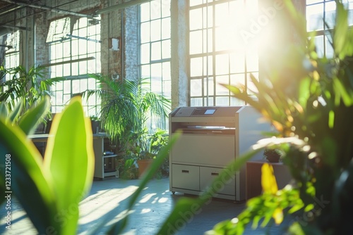 An industrial-style printer occupies a central spot in a spacious, sunlit office, with green plants and natural light pouring in from large windows, emphasizing the balance between innovation and envi photo