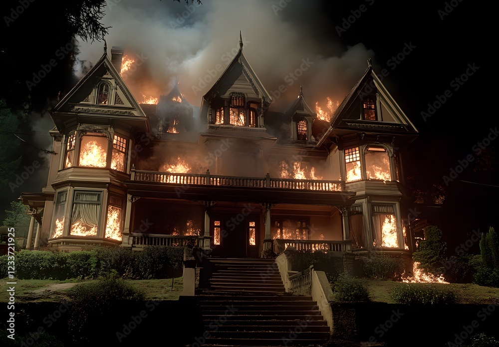 Obraz premium A large Victorian house engulfed in flames, a terrifying, horror movie-style scene, set against a dark background in the night. Hyper-realistic in detail. 