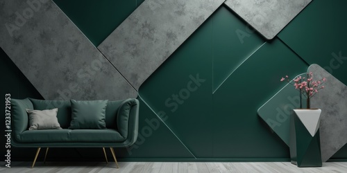 A striking close-up of a dark green wall adorned with a bold gray and white geometric pattern. Layers of dark green and gray concrete create a captivating contrast, enhancing its modern aesthetic appe photo