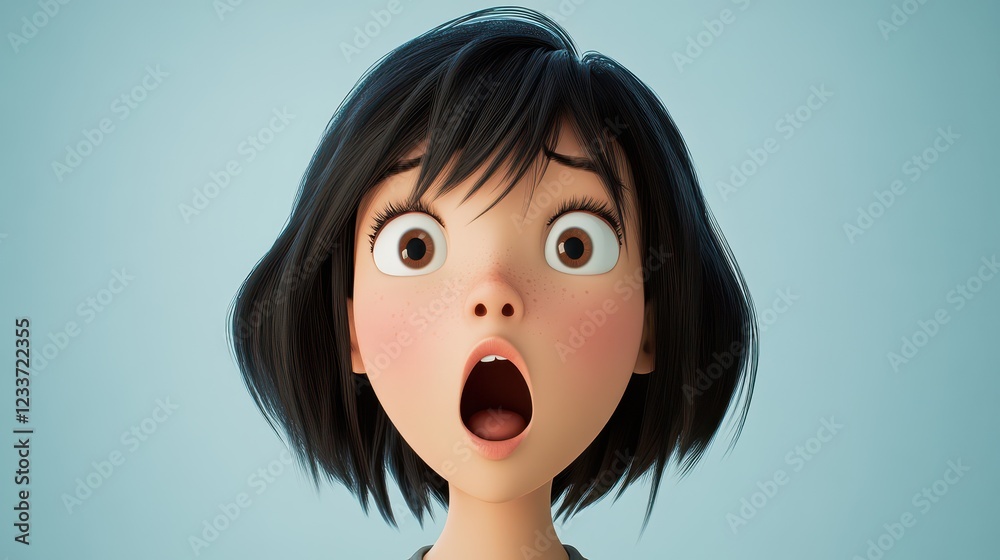 A 3D-style cartoon portrait of an Asian young adult woman, depicted as surprised, shocked, and scared, with her mouth open and eyes wide. A 3D-style cartoon portrait of an Asian young adult woman, depicted as surprised, shocked, and scared, with her mouth open and eyes wide.