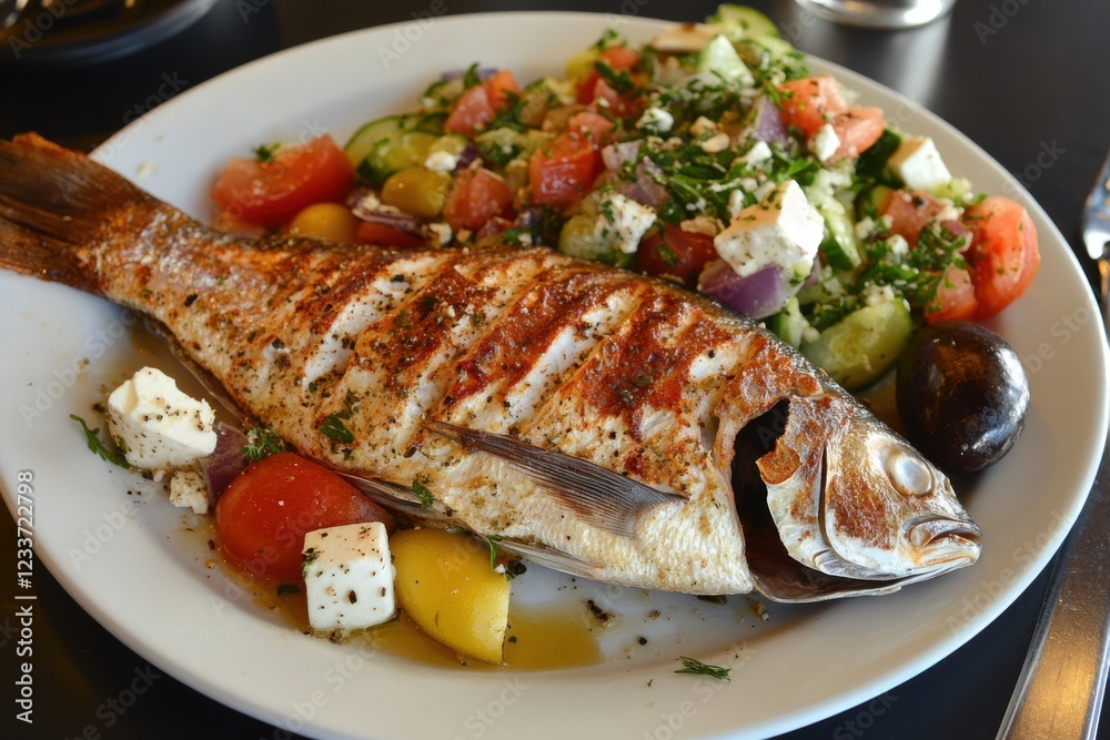 Grilled Fish with Fresh Greek Salad on a Plate Grilled Fish with Fresh Greek Salad on a Plate