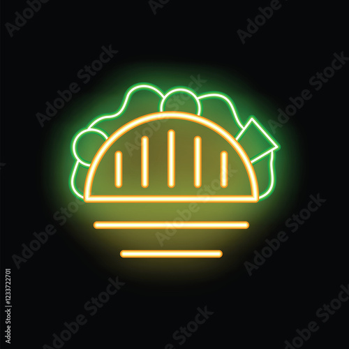 Glowing neon sign depicting a taco with lettuce and tomatoes, perfect for any restaurant or food related business