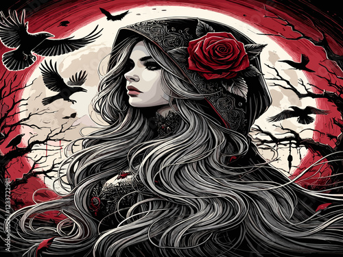  A mysterious, gothic woman with silver hair, a red rose in her hood, surrounded by crows and a haunting moonlit background. photo