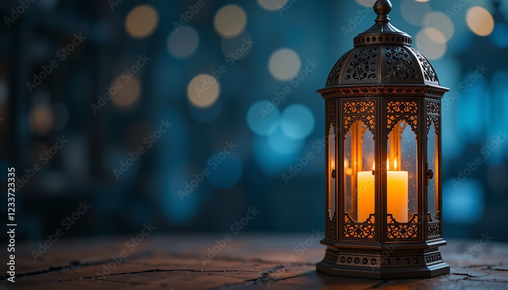 Elegant Ornate Ramadan Lantern Candlelight Festive Warm Glow Intricate Metalwork Design Dark Blue Background Peaceful Atmosphere Spiritual Holiday Symbol Traditional Islamic Decor Mystical Night Scene Elegant Ornate Ramadan Lantern Candlelight Festive Warm Glow Intricate Metalwork Design Dark Blue Background Peaceful Atmosphere Spiritual Holiday Symbol Traditional Islamic Decor Mystical Night Scene