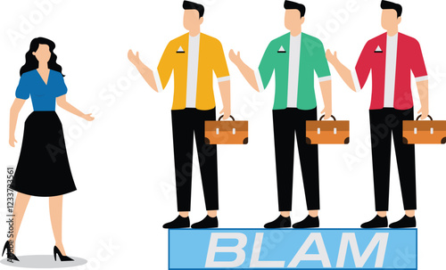 Sexism and prejudice, blaming women, three male businessmen pointing fingers at a female businesswoman