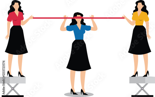 Self-motivation and inspiration, give yourself confidence and motivation, struggle and optimism, the businesswoman took a red ribbon and tied it around his head and pulled it tight with both hands