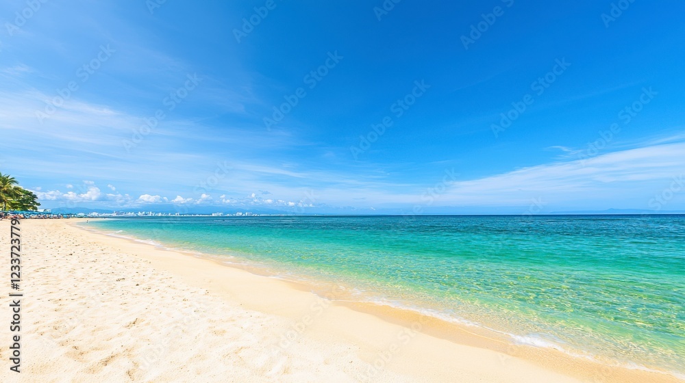Serene Tropical Beach with Crystal Clear Water and Soft Sandy Shore under a Bright Blue Sky Serene Tropical Beach with Crystal Clear Water and Soft Sandy Shore under a Bright Blue Sky