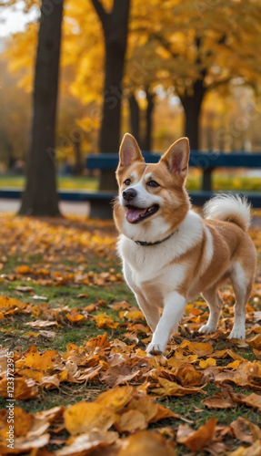 Cute dog in park at autumn 