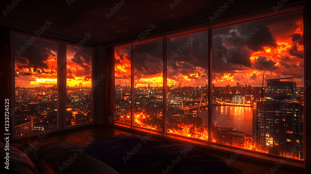 Fiery sunset cityscape view from bedroom window Fiery sunset cityscape view from bedroom window