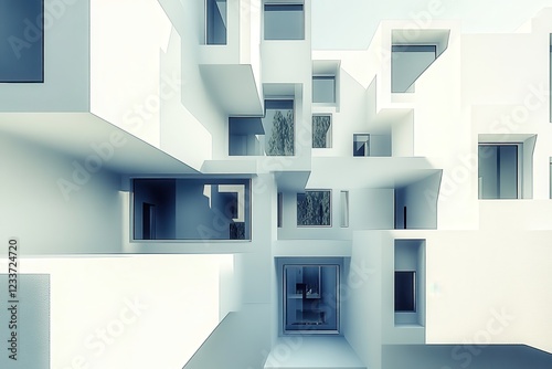 Futuristic white apartment building exterior, complex design, urban, sunlight, architectural rendering photo