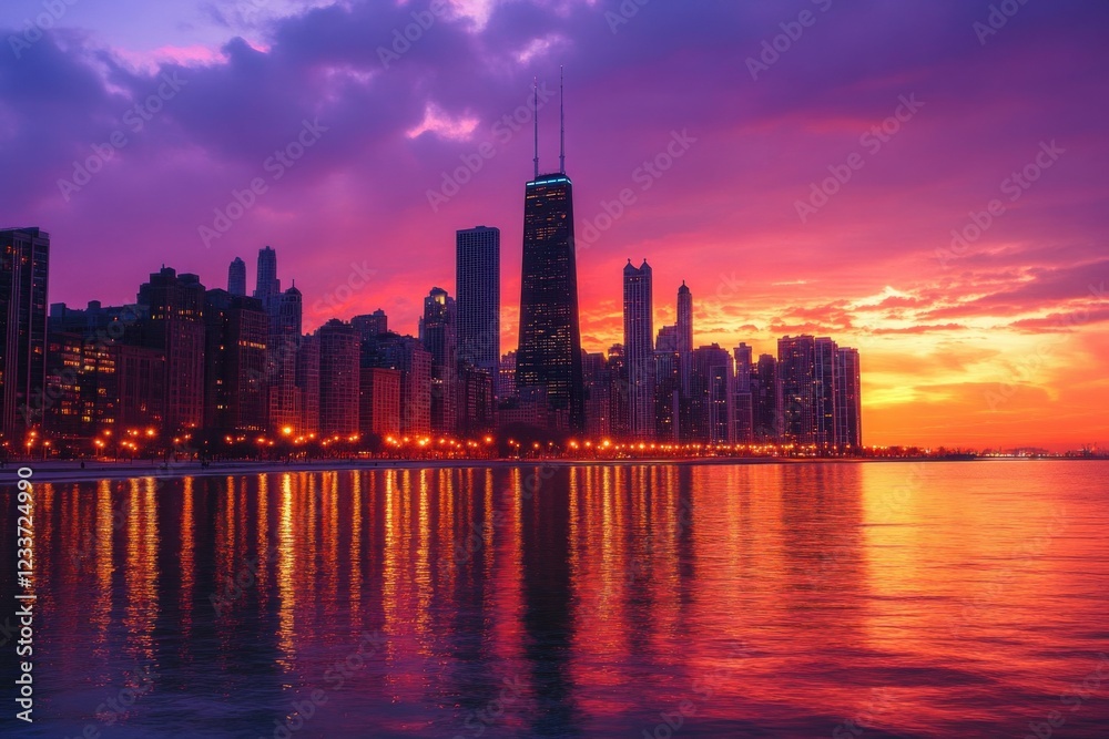 Obraz premium Vibrant City Skyline at Sunset with Colorful Hues