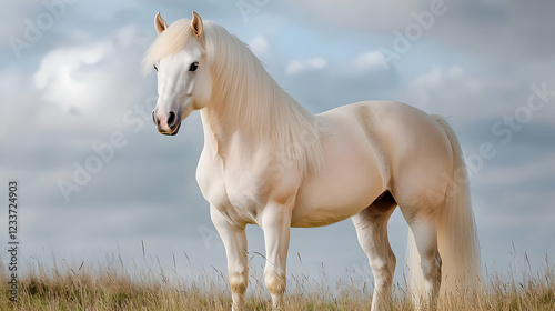 Majestic palomino horse in field, cloudy sky